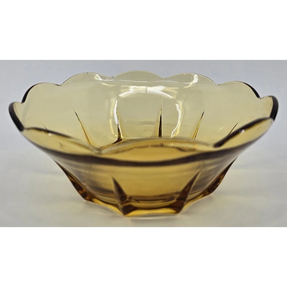 Vintage 70s Anchor Hocking Amber Glass Bowl Panel Slant Side Scalloped‎ Rim 8x3